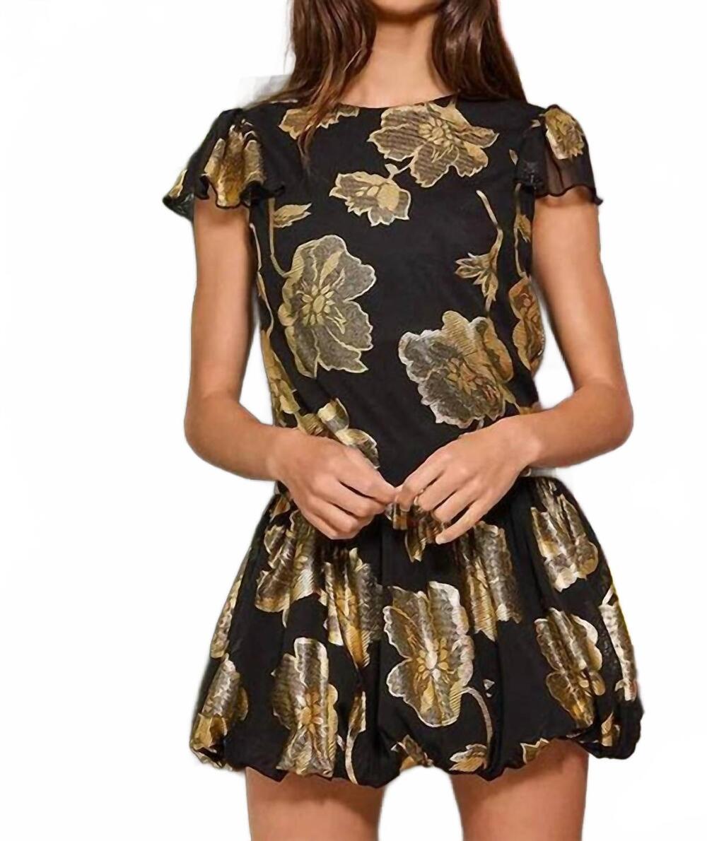 NEW BUCKETLIST quinn floral bubble hem dress in gold, black